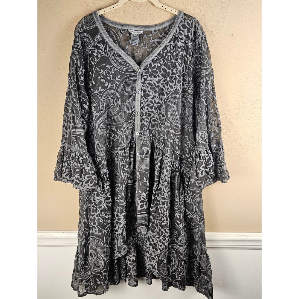 John Mark Womens Gray Sheer Embroidered Flare Sleeve Tunix‎ Top XL
